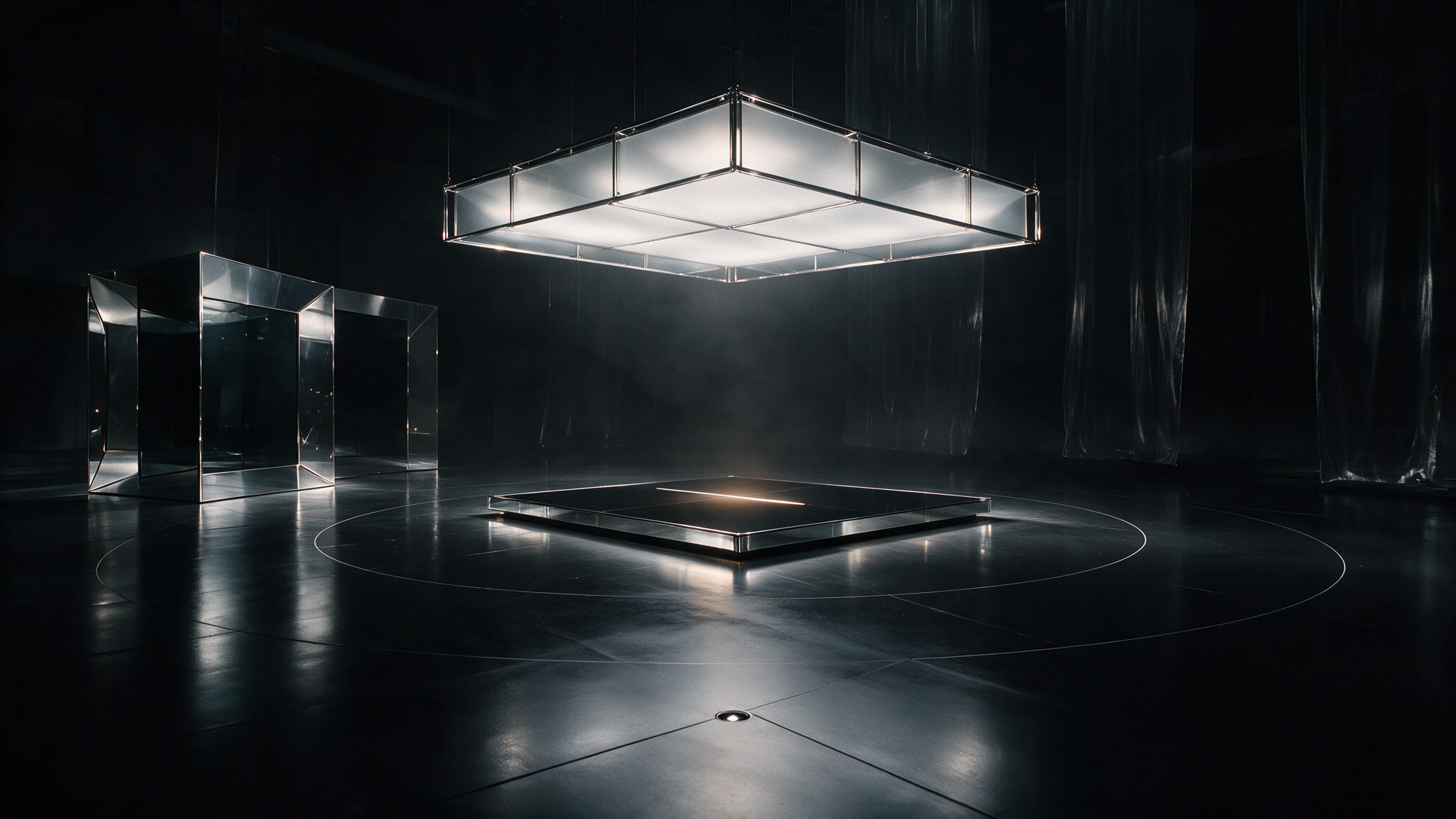 A dark mirrored performance space